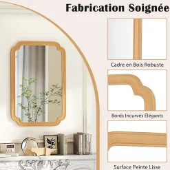 Giantex Miroir Mural 90 x 60 CM,Coins Arrondis Style Rustique Haute Définition pour Salle de Bain,Salon,Entrée,Chambre,Suspension,Naturel