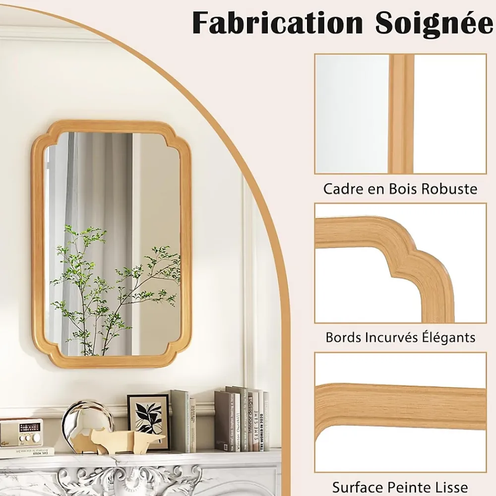 Giantex Miroir Mural 90 x 60 CM,Coins Arrondis Style Rustique Haute Définition pour Salle de Bain,Salon,Entrée,Chambre,Suspension,Naturel