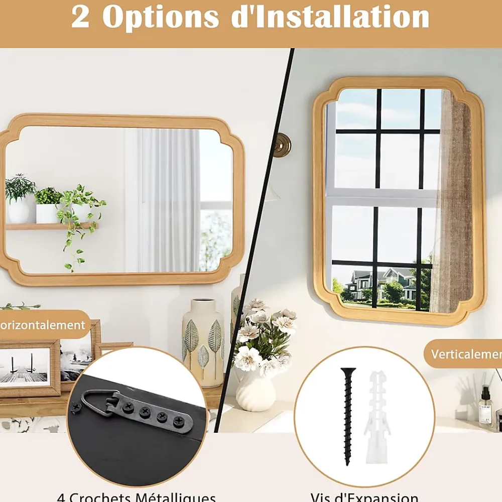 Giantex Miroir Mural 90 x 60 CM,Coins Arrondis Style Rustique Haute Définition pour Salle de Bain,Salon,Entrée,Chambre,Suspension,Naturel