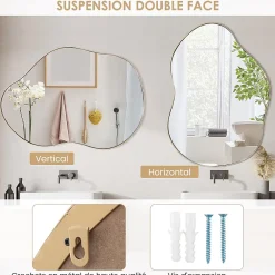Miroir Grossissant|Giantex Miroir Mural Décoratif, Miroir en Forme Irrégulière avec Réflexion HD Claire, Cadre en Bois, Or,78 x 56,5cm