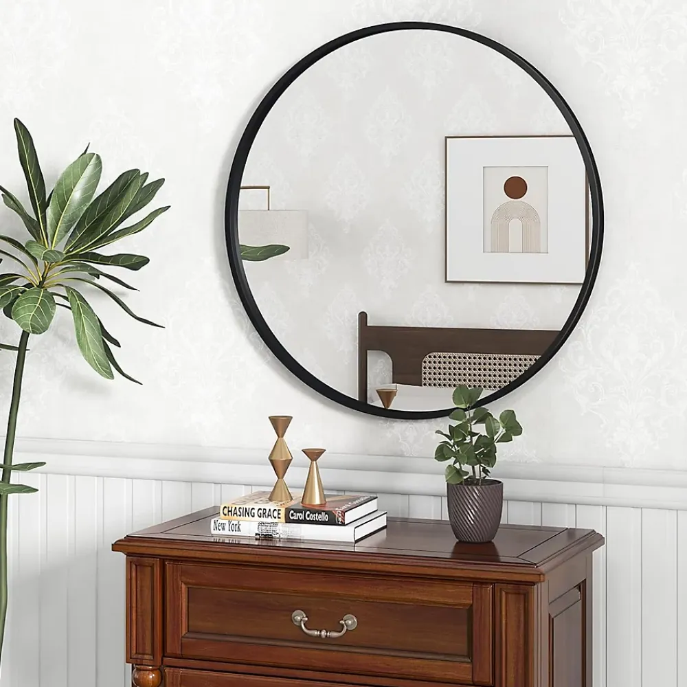 Miroir Simple|Giantex Miroir Mural de Salle de Bain Cadre en Métal Verre Argenté Film Antidéflagrant Miroir Rond de 61CM pour la Décoration