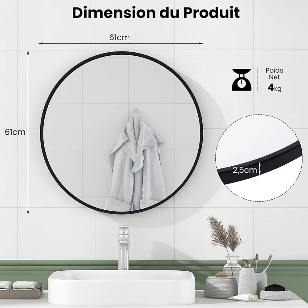 Miroir Simple|Giantex Miroir Mural de Salle de Bain Cadre en Métal Verre Argenté Film Antidéflagrant Miroir Rond de 61CM pour la Décoration