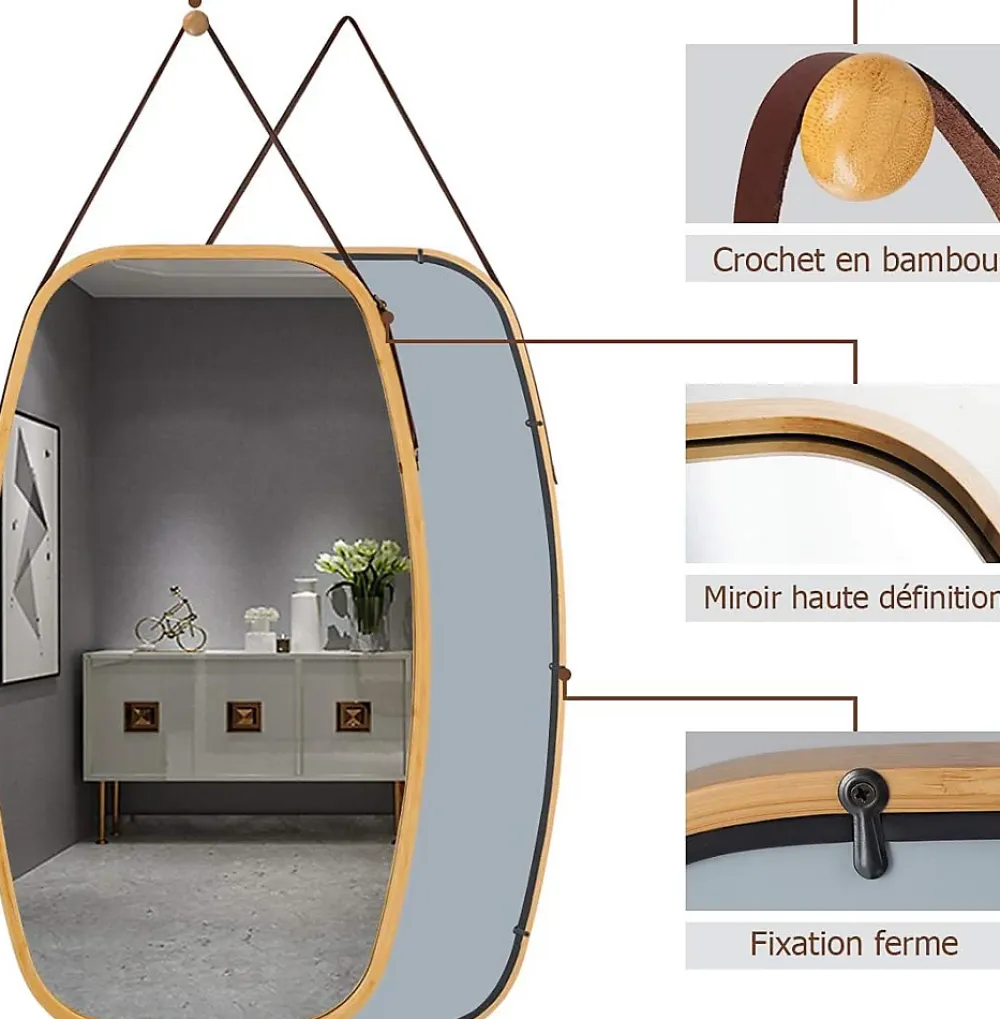Giantex Miroir Mural en Aluminium avec Cadre en Bambou,Grand Miroir avec Film Antideflagrant, Arrondie avec Cadre en Bambou,