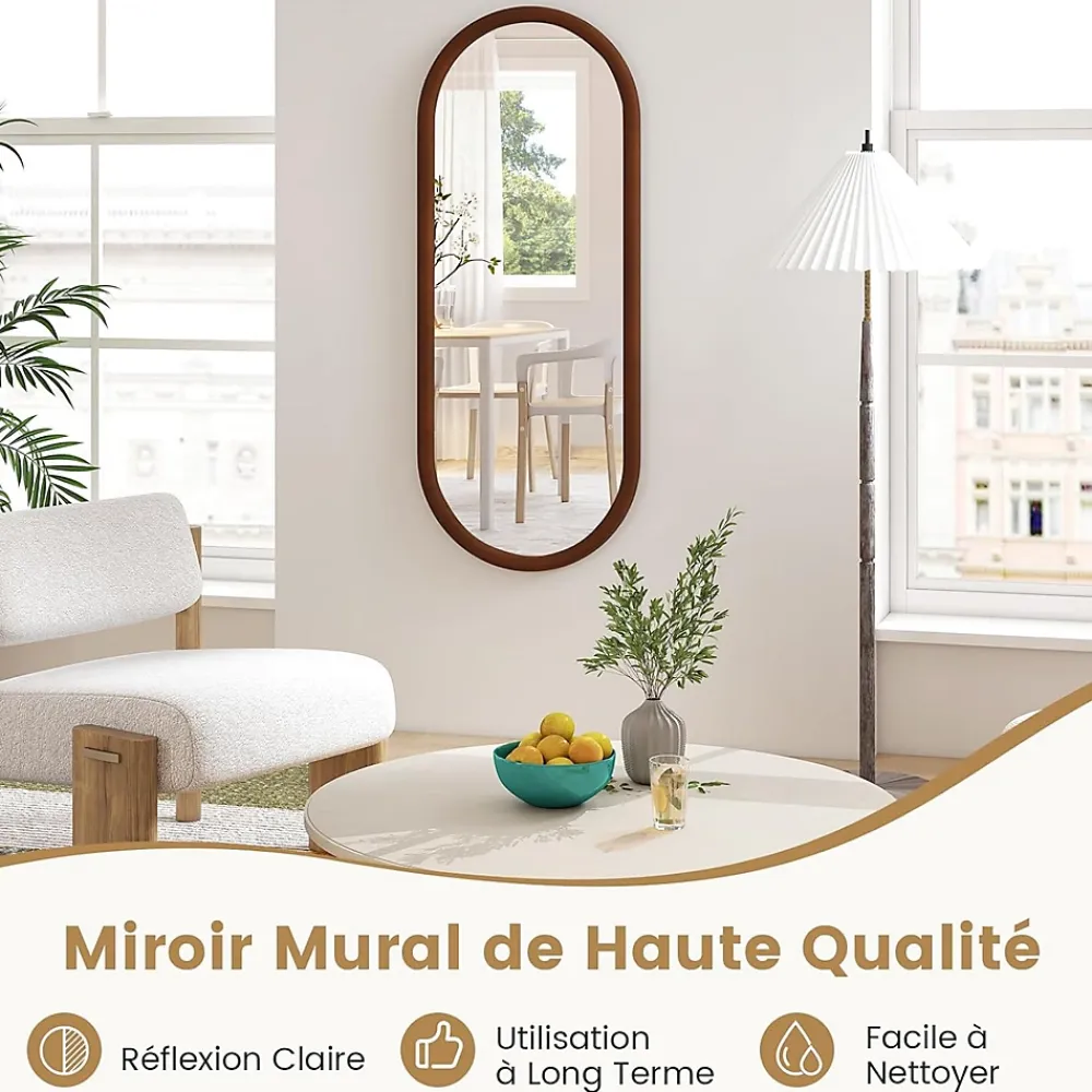 Miroir Grossissant|Giantex Miroir Mural Peu Encombrant,avec Cadre en Bois Massif,Miroir HD,4 Crochets de Fixation,pour Salon,Chambre, Balcon, Entrée, Noyer