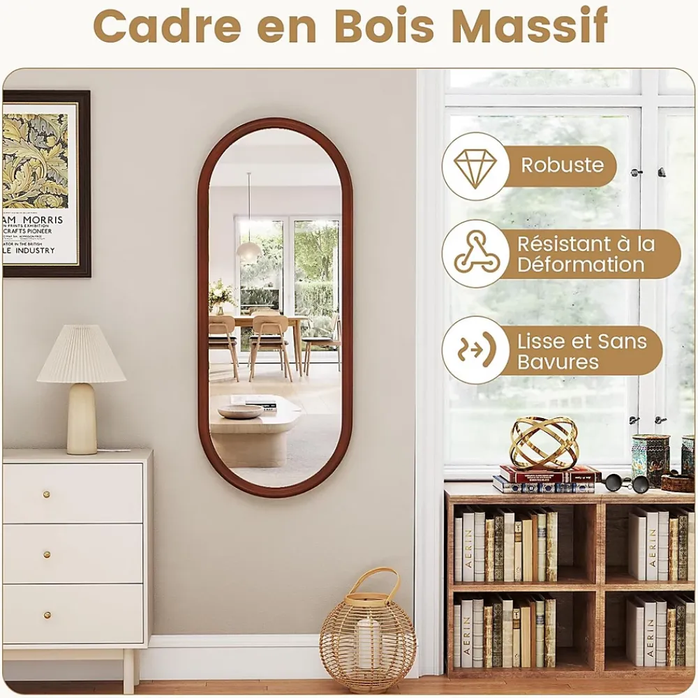Miroir Grossissant|Giantex Miroir Mural Peu Encombrant,avec Cadre en Bois Massif,Miroir HD,4 Crochets de Fixation,pour Salon,Chambre, Balcon, Entrée, Noyer