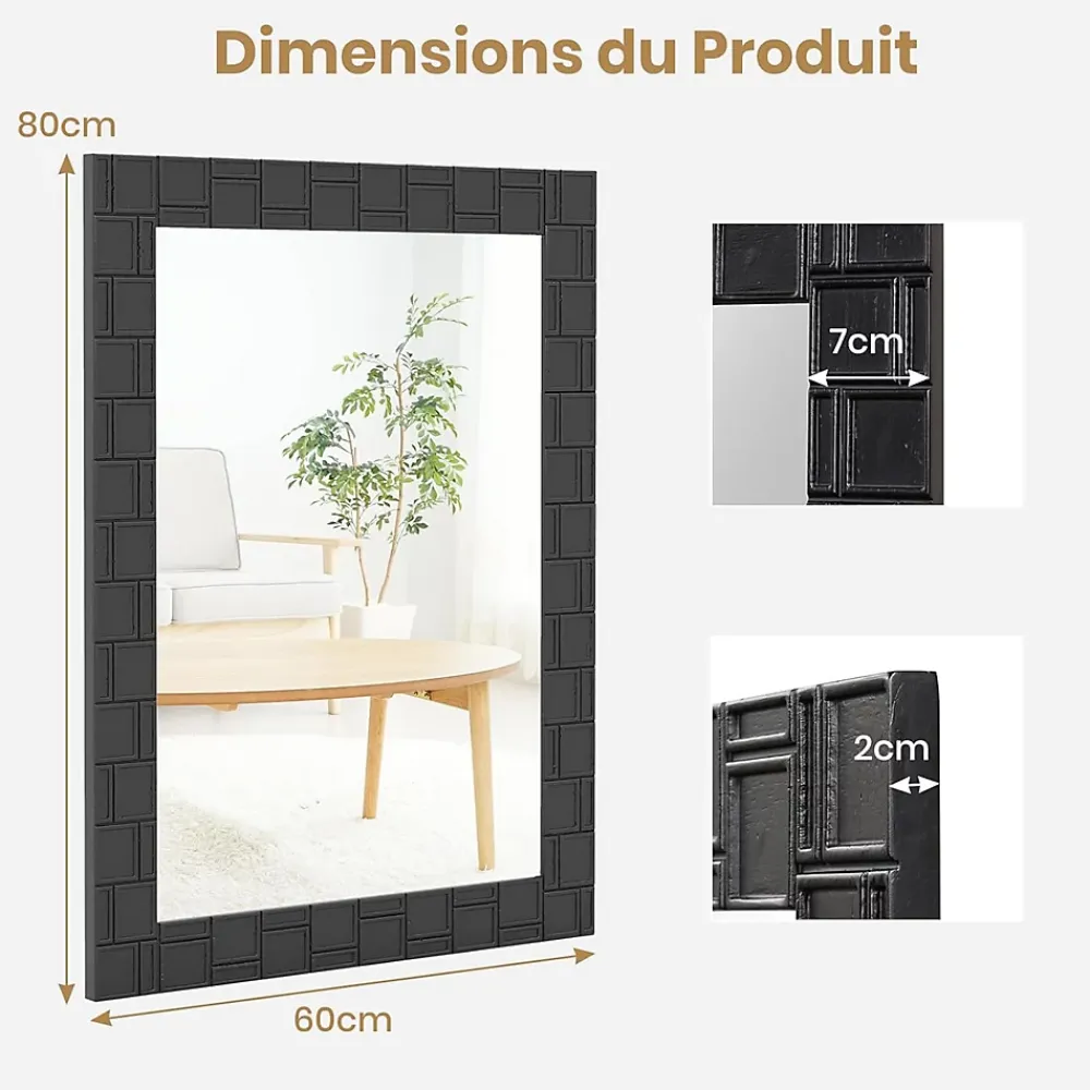 Miroir Grossissant|Giantex Miroir Mural Rectangulaire 80 x 60 Cm (L x l) avec Cadre en Bois d'Hévéa Naturel,Crochets Métalliques, pour Salle de Bain,Chambre