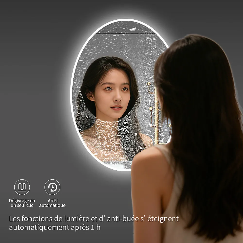 Saniland Miroir ovale LED 50x70 cm lumière dimmable 2700 6000 K, zone anti-buée et minuterie 60 min