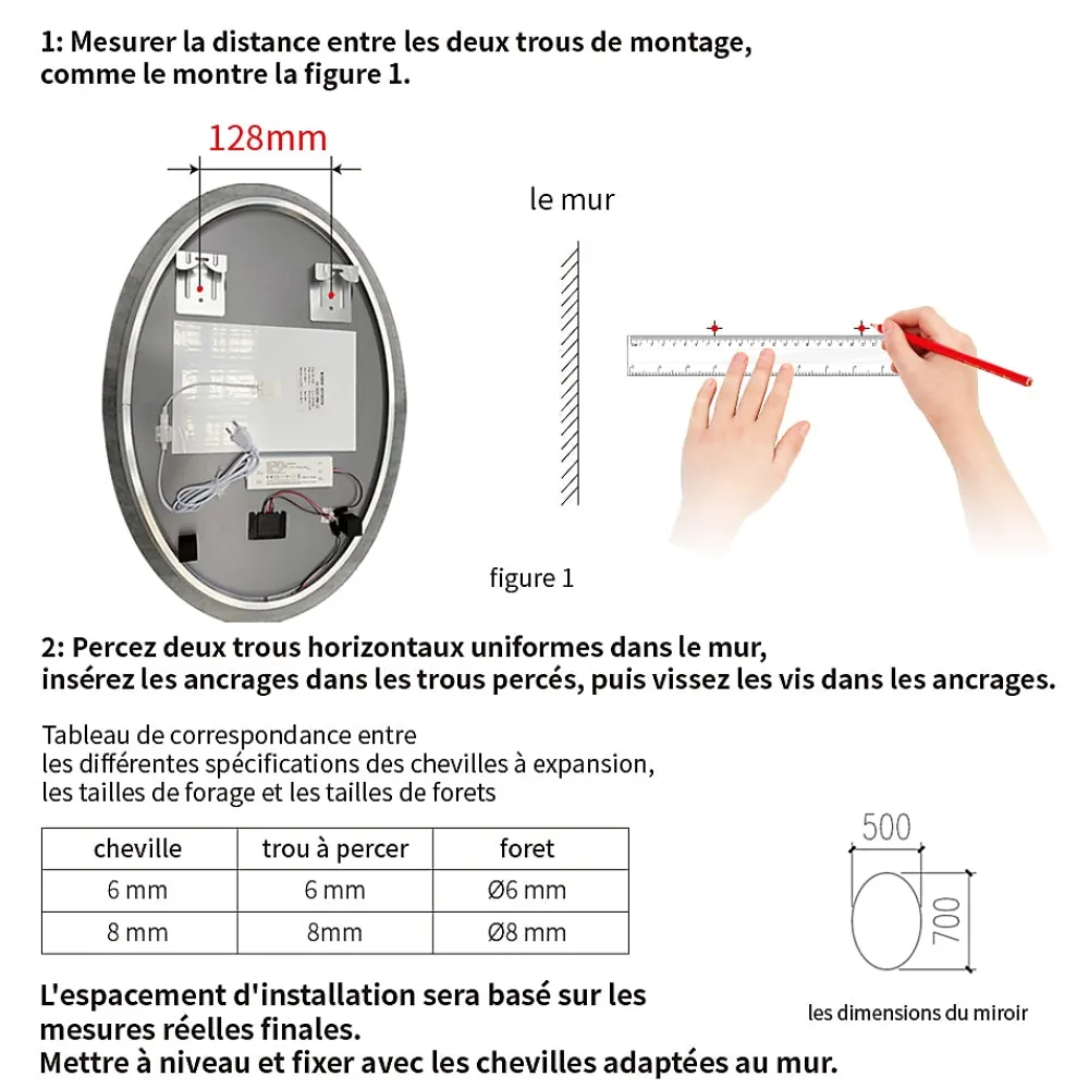 Saniland Miroir ovale LED 50x70 cm lumière dimmable 2700 6000 K, zone anti-buée et minuterie 60 min