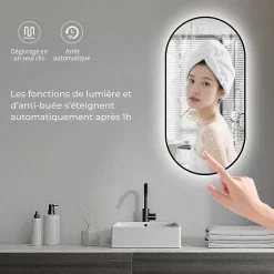 Saniland Miroir rectangle arrondi 50x100 cm lumière d'ambiance LED 2700 à 6000 K anti-buée cadre aluminium noir