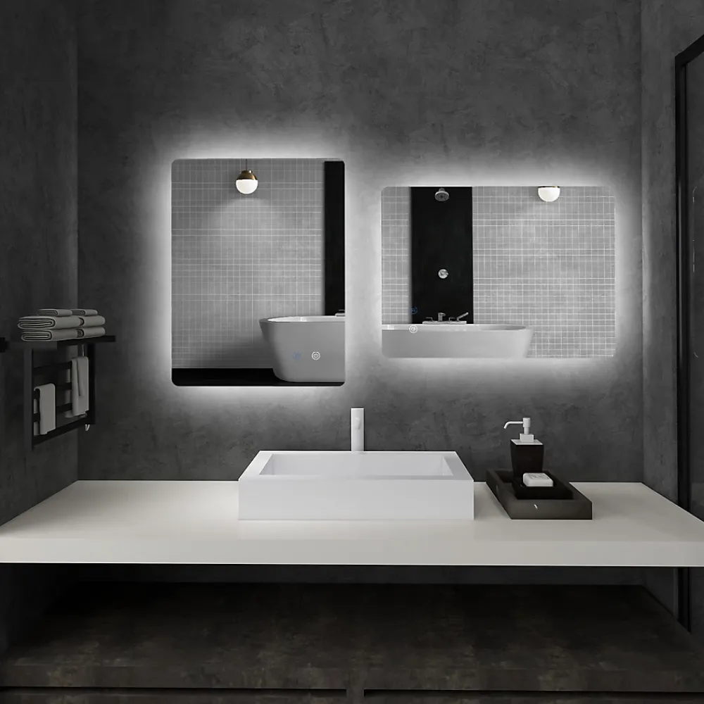 kleankin Miroir rectangulaire mural LED salle de bain - 70x50cm - 3 couleurs luminosité réglable tactile système antibuée blanc transparent