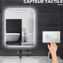 kleankin Miroir rectangulaire mural LED salle de bain - 70x50cm - 3 couleurs luminosité réglable tactile système antibuée blanc transparent
