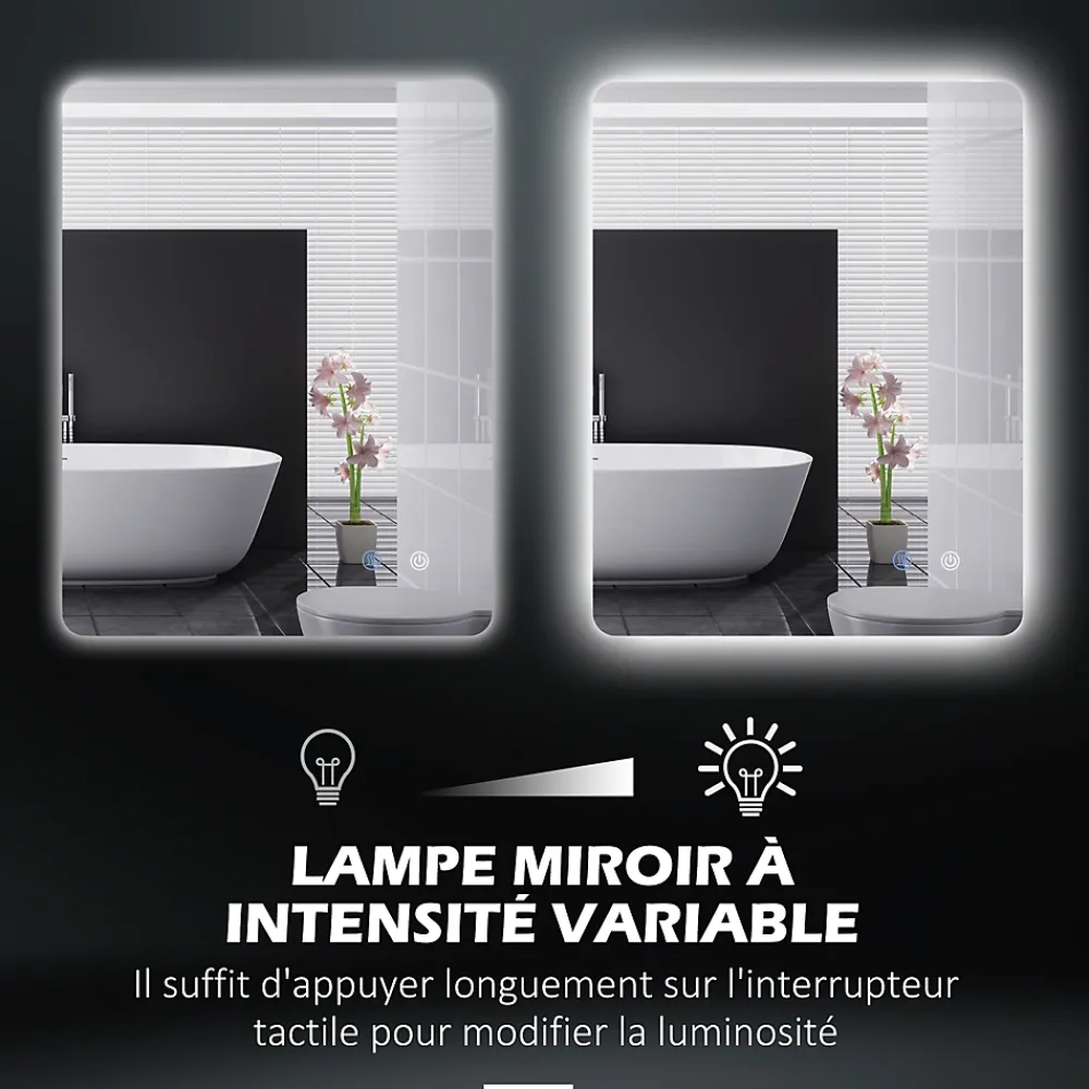 kleankin Miroir rectangulaire mural LED salle de bain - 70x50cm - 3 couleurs luminosité réglable tactile système antibuée blanc transparent
