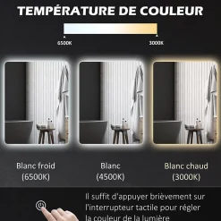 kleankin Miroir rectangulaire mural LED salle de bain - 70x50cm - 3 couleurs luminosité réglable tactile système antibuée blanc transparent