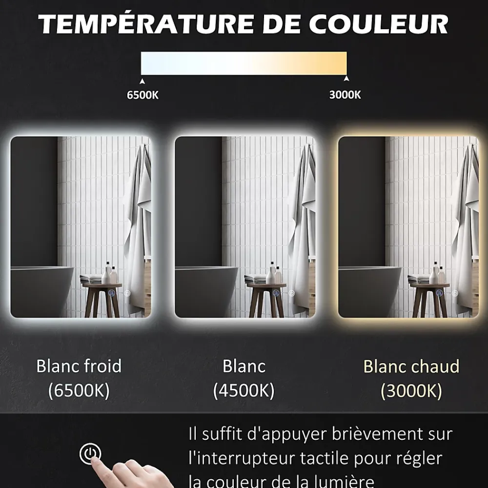 kleankin Miroir rectangulaire mural LED salle de bain - 70x50cm - 3 couleurs luminosité réglable tactile système antibuée blanc transparent