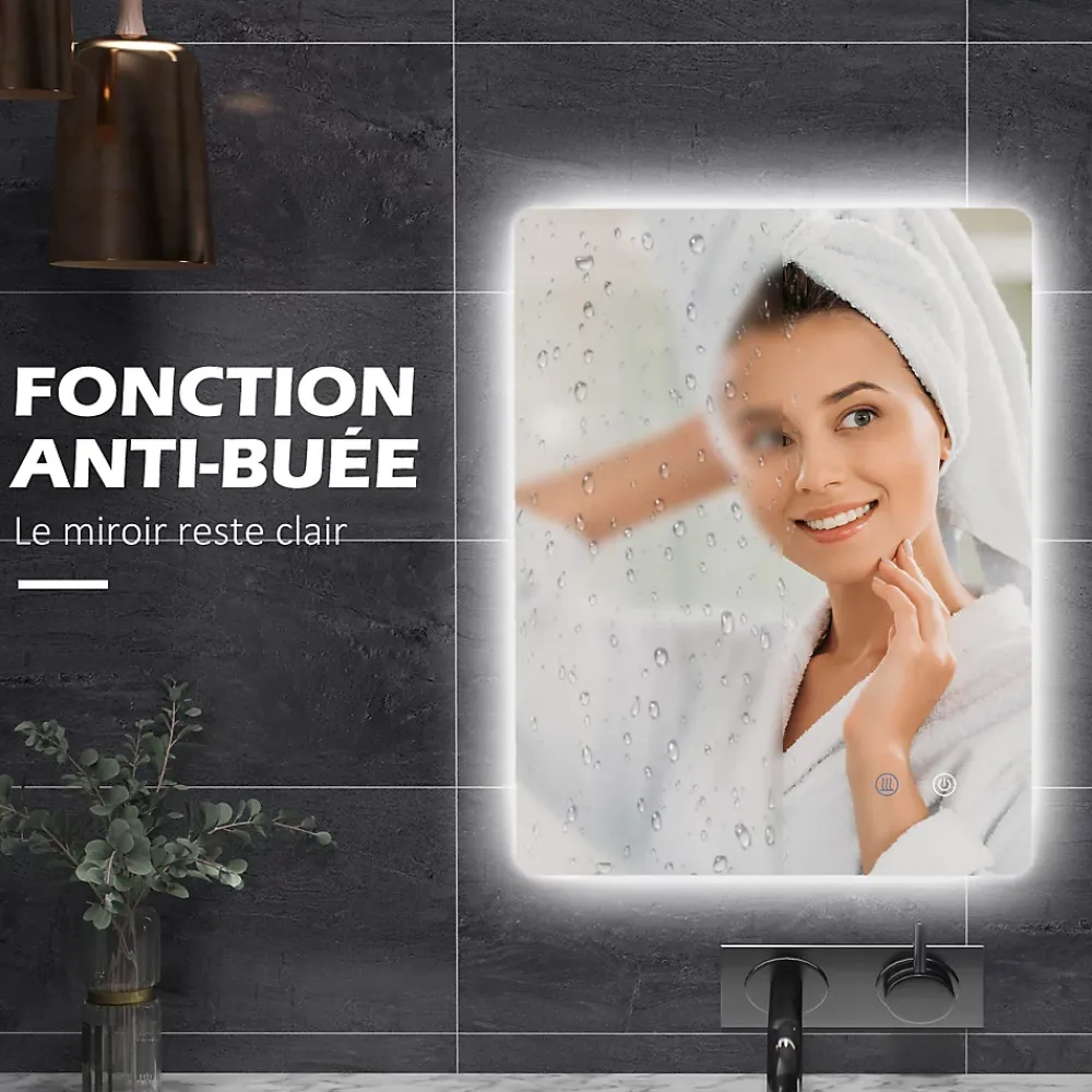 kleankin Miroir rectangulaire mural LED salle de bain - 70x50cm - 3 couleurs luminosité réglable tactile système antibuée blanc transparent