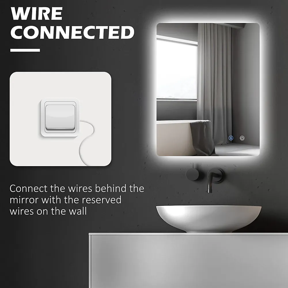 kleankin Miroir rectangulaire mural LED salle de bain - 70x50cm - 3 couleurs luminosité réglable tactile système antibuée blanc transparent