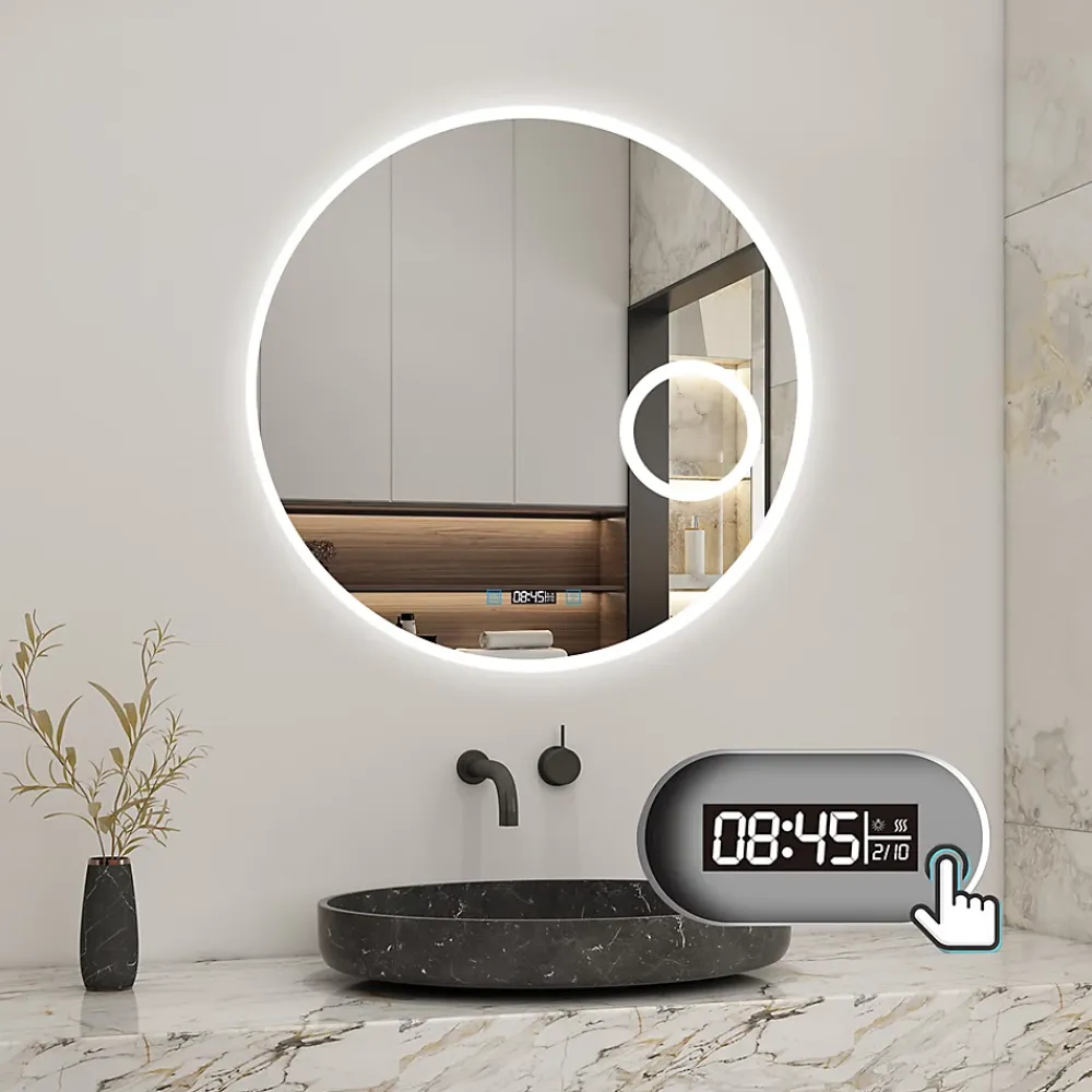 Miroir Lumineux|AICA Sanitaire Miroir rond de salle de bain 80cm LED tricolore horloge + loupe + anti-buée + mémoire,