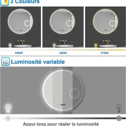 Miroir Lumineux|AICA Sanitaire Miroir rond de salle de bain 80cm LED tricolore horloge + loupe + anti-buée + mémoire,