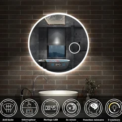Miroir Lumineux|AICA Sanitaire Miroir rond de salle de bain 60cm LED tricolore horloge + loupe + anti-buée + mémoire,