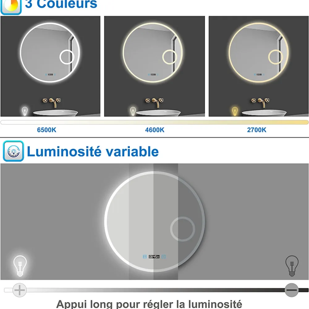 Miroir Lumineux|AICA Sanitaire Miroir rond de salle de bain 60cm LED tricolore horloge + loupe + anti-buée + mémoire,