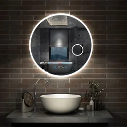 AICA Sanitaire Miroir rond de salle de bain 80cm LED tricolore horloge + loupe + anti-buée + mémoire,