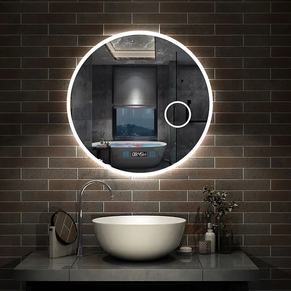 AICA Sanitaire Miroir rond de salle de bain 80cm LED tricolore horloge + loupe + anti-buée + mémoire,