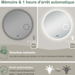 AICA Sanitaire Miroir rond de salle de bain 80cm LED tricolore horloge + loupe + anti-buée + mémoire,