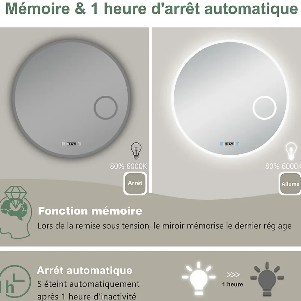 AICA Sanitaire Miroir rond de salle de bain 80cm LED tricolore horloge + loupe + anti-buée + mémoire,