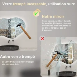Miroir Lumineux|AICA Sanitaire Miroir salle de bain asymétrique 80 x 55 cm LED Éclairage réglable en 3 couleurs + anti-buée + fonction mémoire
