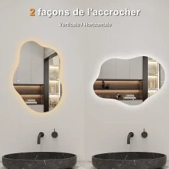 Miroir Lumineux|AICA Sanitaire Miroir salle de bain asymétrique 80 x 55 cm LED Éclairage réglable en 3 couleurs + anti-buée + fonction mémoire