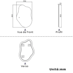 Miroir Lumineux|AICA Sanitaire Miroir salle de bain asymétrique 80 x 55 cm LED Éclairage réglable en 3 couleurs + anti-buée + fonction mémoire