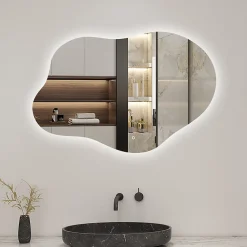 AICA Sanitaire Miroir salle de bain asymétrique 100 x 66 cm LED Éclairage réglable en 3 couleurs + anti-buée + fonction mémoire