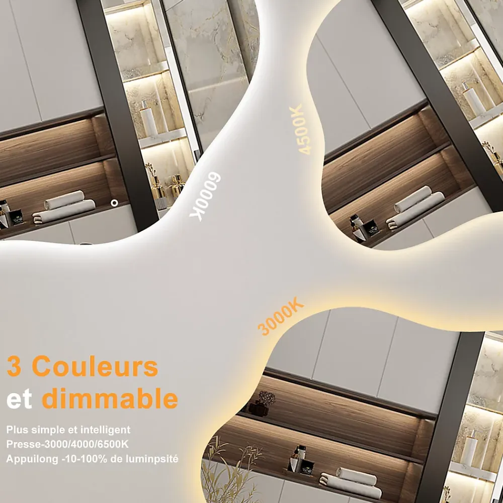 AICA Sanitaire Miroir salle de bain asymétrique 100 x 66 cm LED Éclairage réglable en 3 couleurs + anti-buée + fonction mémoire