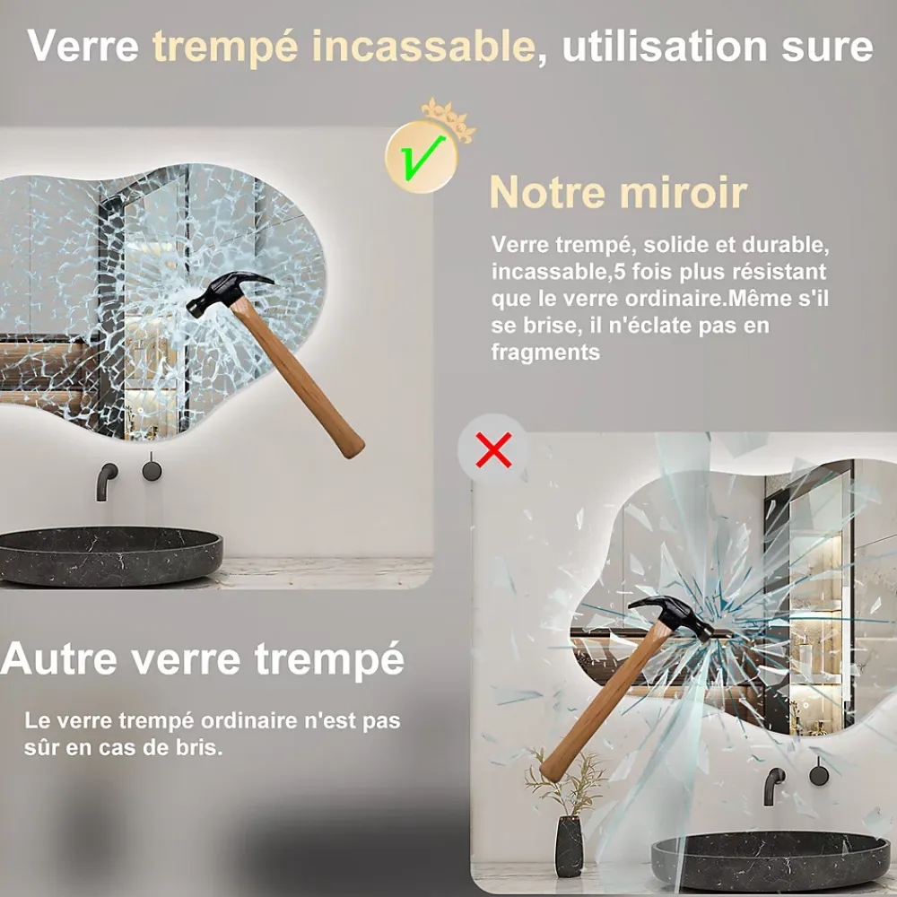 AICA Sanitaire Miroir salle de bain asymétrique 100 x 66 cm LED Éclairage réglable en 3 couleurs + anti-buée + fonction mémoire