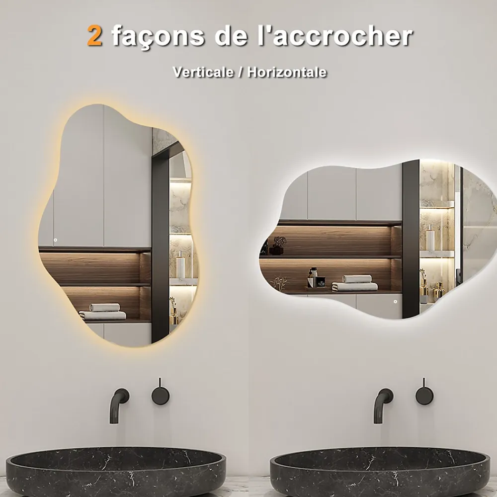 AICA Sanitaire Miroir salle de bain asymétrique 100 x 66 cm LED Éclairage réglable en 3 couleurs + anti-buée + fonction mémoire