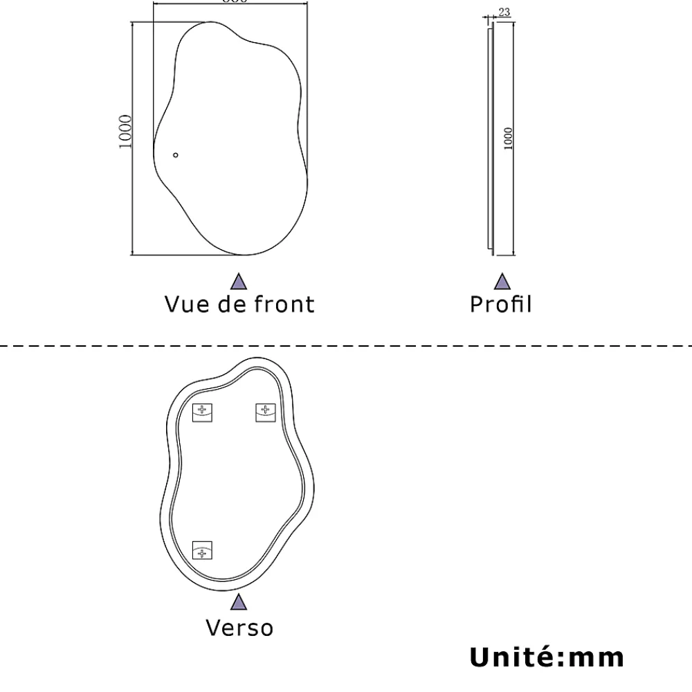 AICA Sanitaire Miroir salle de bain asymétrique 100 x 66 cm LED Éclairage réglable en 3 couleurs + anti-buée + fonction mémoire