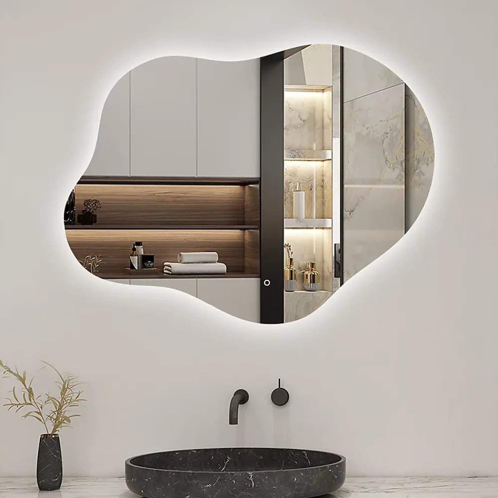 Miroir Lumineux|AICA Sanitaire Miroir salle de bain asymétrique 90 x 68 cm LED Éclairage réglable en 3 couleurs + anti-buée + fonction mémoire