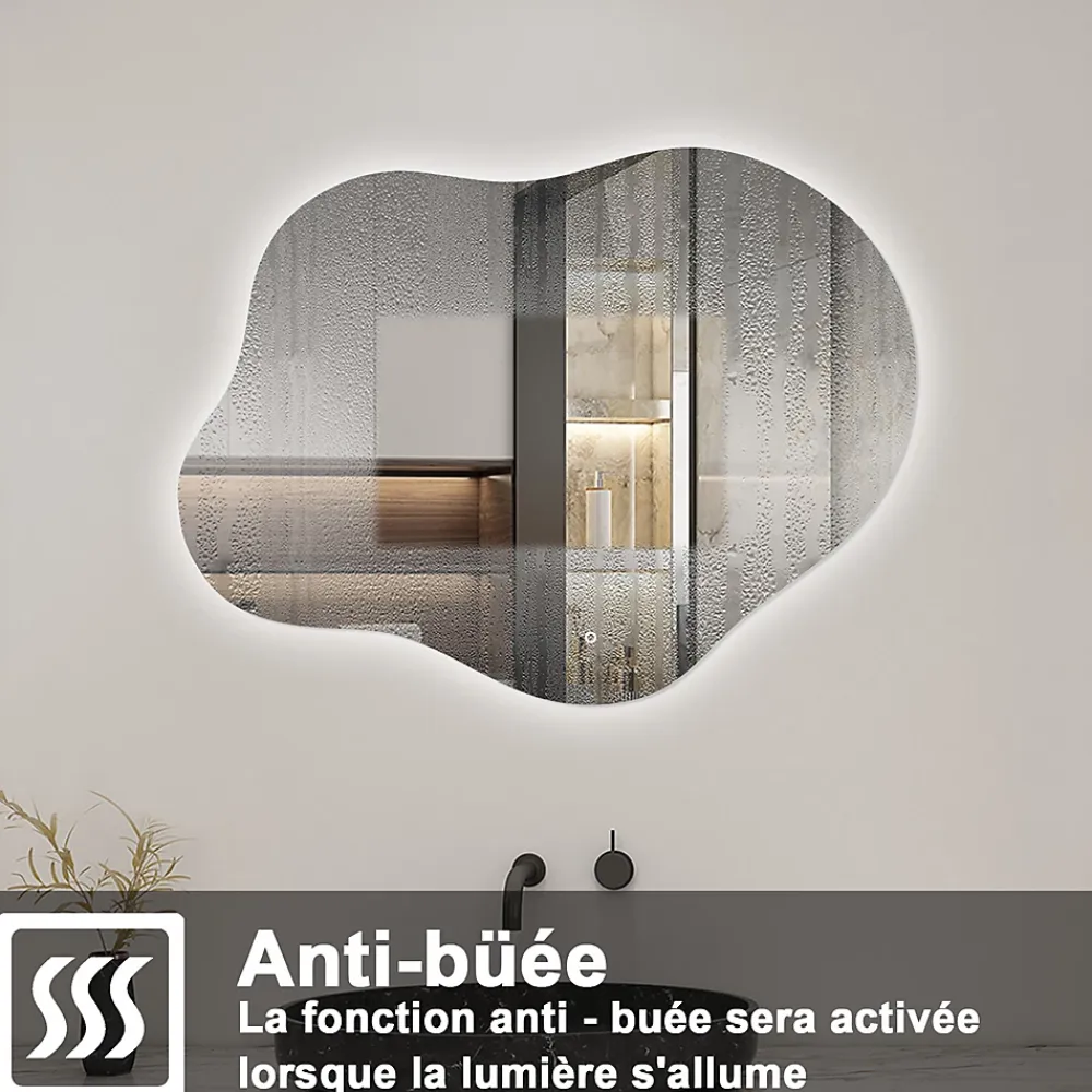 Miroir Lumineux|AICA Sanitaire Miroir salle de bain asymétrique 90 x 68 cm LED Éclairage réglable en 3 couleurs + anti-buée + fonction mémoire