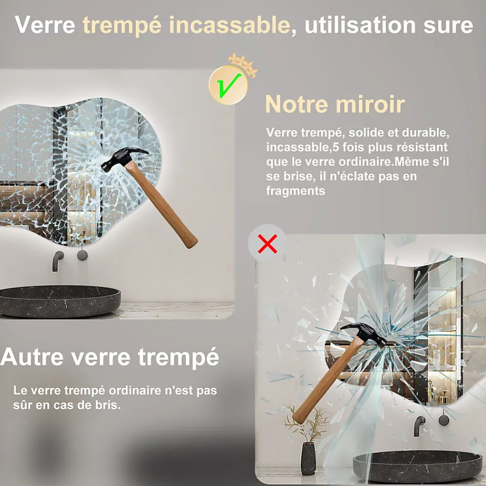 Miroir Lumineux|AICA Sanitaire Miroir salle de bain asymétrique 90 x 68 cm LED Éclairage réglable en 3 couleurs + anti-buée + fonction mémoire