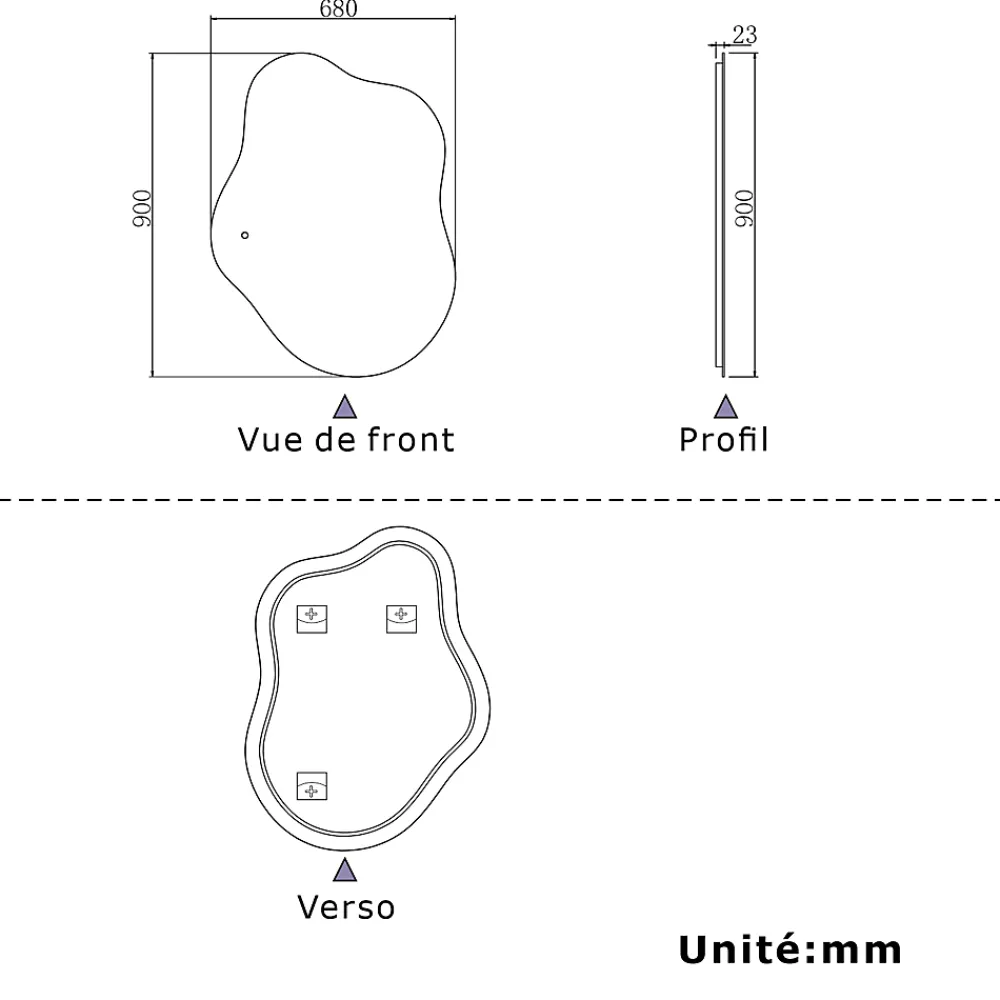 Miroir Lumineux|AICA Sanitaire Miroir salle de bain asymétrique 90 x 68 cm LED Éclairage réglable en 3 couleurs + anti-buée + fonction mémoire