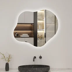 AICA Sanitaire Miroir salle de bain asymétrique 60 x 50 cm LED Éclairage réglable en 3 couleurs + anti-buée + mémoire