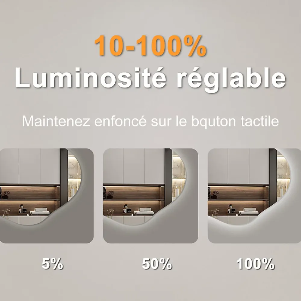 AICA Sanitaire Miroir salle de bain asymétrique 60 x 50 cm LED Éclairage réglable en 3 couleurs + anti-buée + mémoire