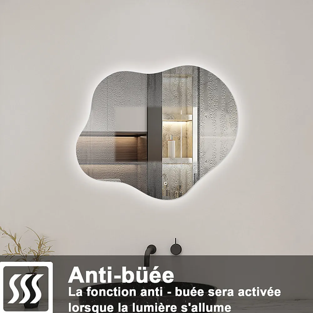 AICA Sanitaire Miroir salle de bain asymétrique 60 x 50 cm LED Éclairage réglable en 3 couleurs + anti-buée + mémoire