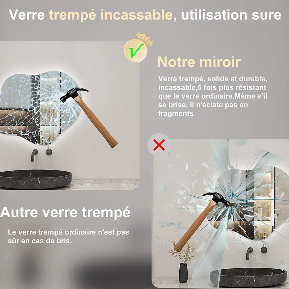 AICA Sanitaire Miroir salle de bain asymétrique 60 x 50 cm LED Éclairage réglable en 3 couleurs + anti-buée + mémoire