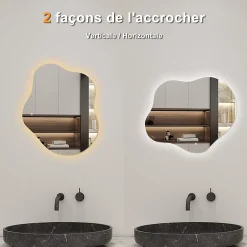 AICA Sanitaire Miroir salle de bain asymétrique 60 x 50 cm LED Éclairage réglable en 3 couleurs + anti-buée + mémoire