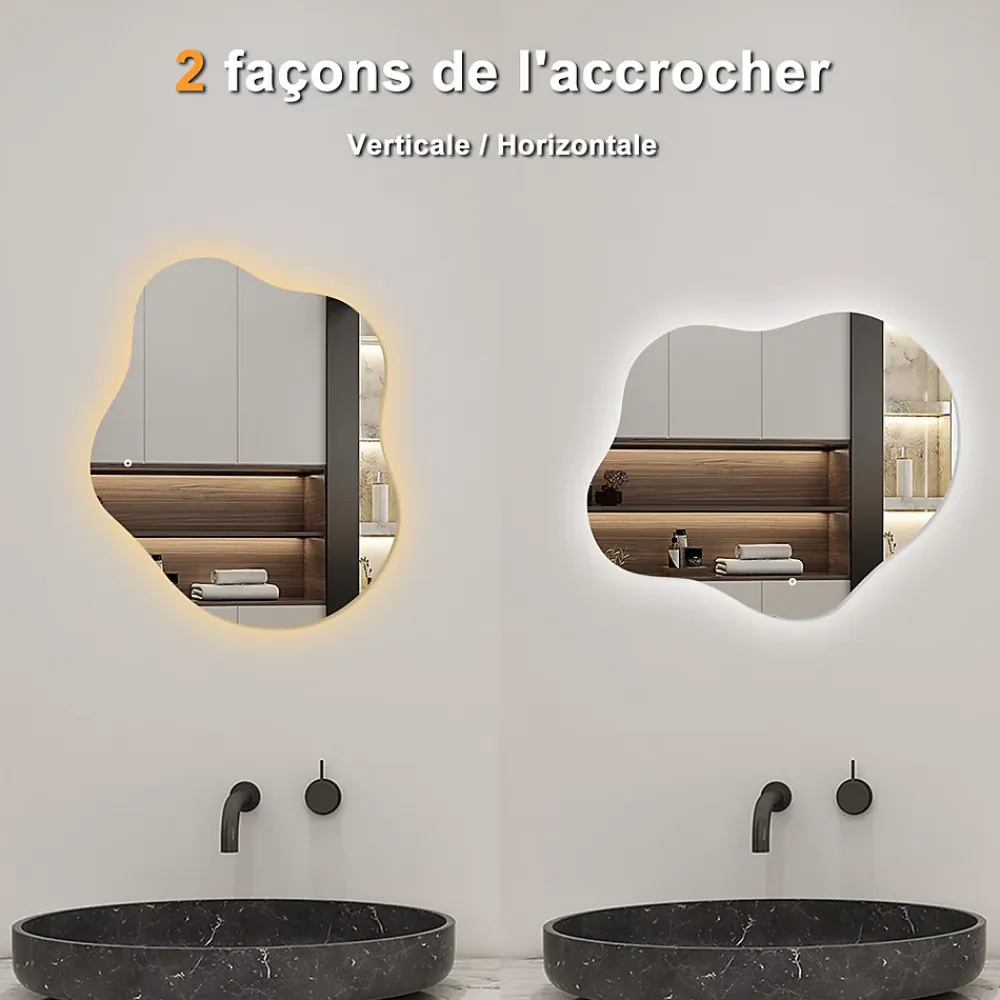 AICA Sanitaire Miroir salle de bain asymétrique 60 x 50 cm LED Éclairage réglable en 3 couleurs + anti-buée + mémoire