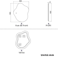AICA Sanitaire Miroir salle de bain asymétrique 60 x 50 cm LED Éclairage réglable en 3 couleurs + anti-buée + mémoire