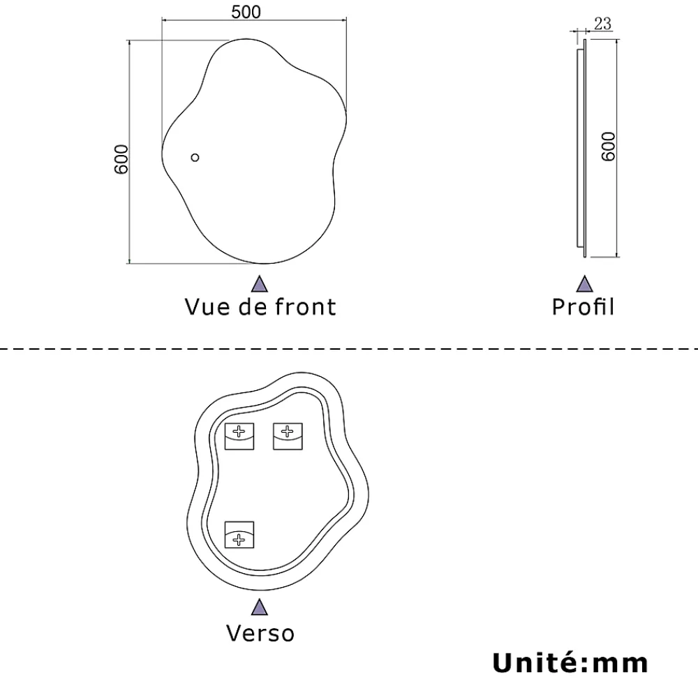 AICA Sanitaire Miroir salle de bain asymétrique 60 x 50 cm LED Éclairage réglable en 3 couleurs + anti-buée + mémoire