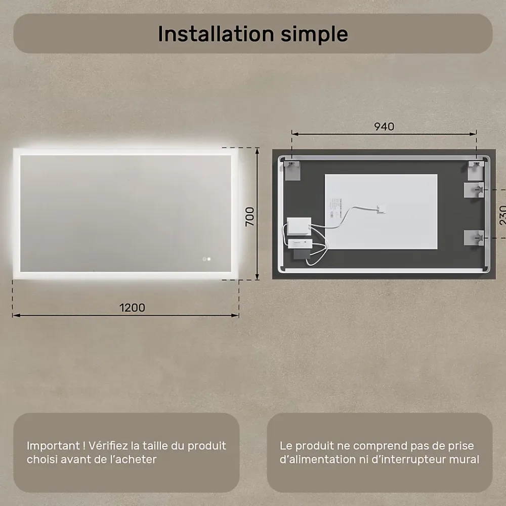 Miroir Lumineux|Artforma Miroir Salle de Bain avec Eclairage 120x70, Miroir LED avec Tactile et Fonction Anti-buée, Systeme Couleur DUAL LED