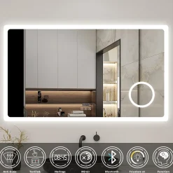 Miroir Lumineux|AICA Sanitaire Miroir salle de bain bluetooth + loupe + horloge + tricolore + anti-buée 100x60cm dimmable,mémoire,tactile,led,
